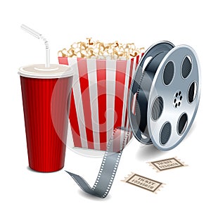 Movie showing with Popcorn, film reel and drinks