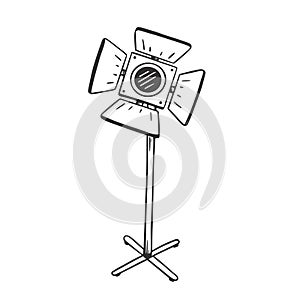 Movie spotlight doodle. Movie light, photography reflector isolated doodle drawing element. Vector