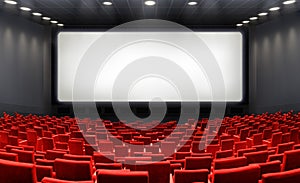Movie Theater With Blank Screen And Red Seats photo