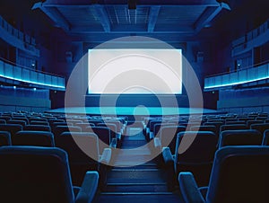 Movie theater with blue screen and empty seats