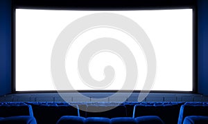 Movie theater with empty seats and big white screen. 3d render