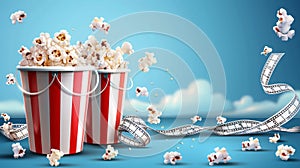 A movie theater flyer featuring film strips and popcorn in striped paper boxes. Modern realistic illustration of white