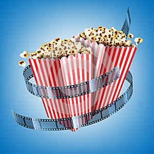Movie theater flyer with film strip and popcorn