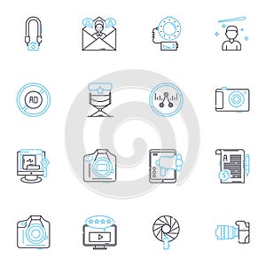 Movie theater linear icons set. Concession, Projection, Premiere, Matinee, Ticket, Screening, Atmosphere line vector and