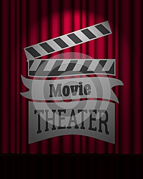 Movie theater logo on dark red curtain scene gracefully.