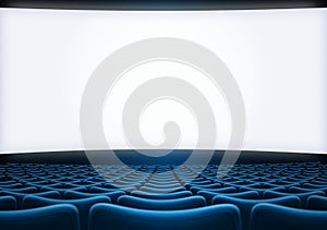 Movie theater screen with blue seats 3d illustration