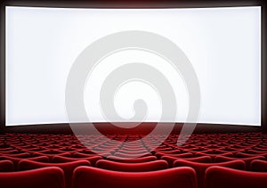 Movie theater screen with red seats 3d illustration