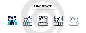 Movie theatre icon in different style vector illustration. two colored and black movie theatre vector icons designed in filled,