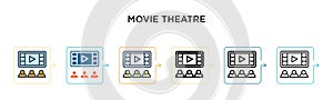 Movie theatre vector icon in 6 different modern styles. Black, two colored movie theatre icons designed in filled, outline, line