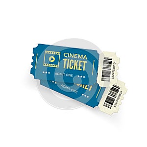 Movie ticket. Blue cinema tickets isolated on white background. Realistic cinema ticket template. Vector illustration