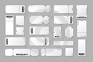 Movie tickets. Event coupons. Vintage circus or lottery access cards with barcode or QR code. Blank mockup for cinema or