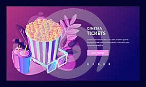 Movie tickets online sale, banner, poster template. Vector 3d isometric design elements. Cinema night neon illustration