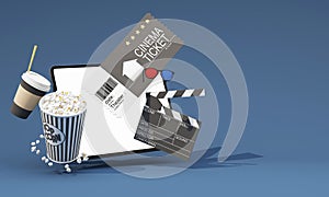 Movie time 3d render illustration. Cinema poster concept on color background. Composition with popcorn