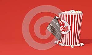 Movie time 3d render illustration. Cinema poster concept on color background. Composition with popcorn