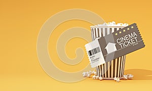 Movie time 3d render illustration. Cinema poster concept on color background. Composition with popcorn