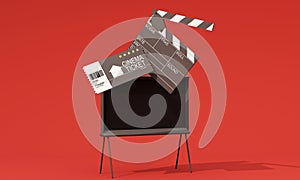 Movie time 3d render illustration. Cinema poster concept on color background. Composition with popcorn