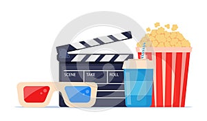 Movie time. Composition with clapperboard, 3d glasses, soda, and filmstrip. Cinema poster, banner design for movie theater. Vector
