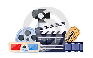 Movie time. Composition with clapperboard, 3d glasses, spotlight, cinema ticket and filmstrip. Cinema poster, banner design for