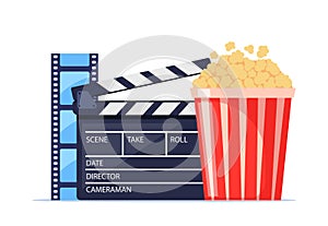 Movie time. Composition with popcorn, clapperboard, 3d glasses and filmstrip. Cinema poster, banner design for movie theater.