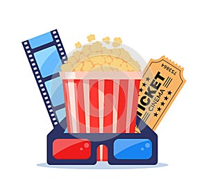 Movie time. Composition with popcorn, clapperboard, 3d glasses and filmstrip. Cinema poster, banner design for movie theater.