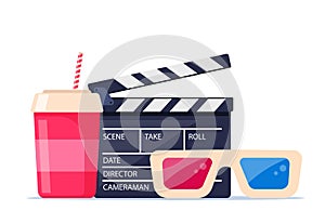 Movie time. Composition with soda, clapperboard, 3d glasses. Cinema poster, banner design for movie theater. Vector illustration