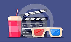 Movie time. Composition with soda, clapperboard, 3d glasses. Cinema poster, banner design for movie theater. Vector illustration