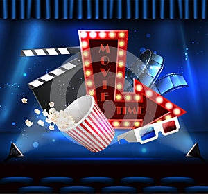 Movie time concept background. Cinema hall with popcorn, realistic glasses and film roll.