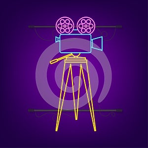 Movie time concept layout with film projector and text area with sample title in retro western font. Neon icon. Vector