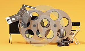 Movie time 3d render illustration. Cinema poster concept on color background. Composition with popcorn