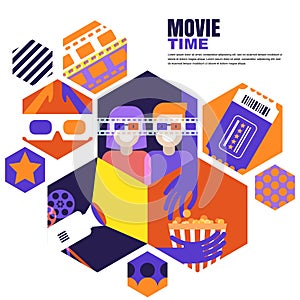 Movie time, date at the cinema concept. Vector design elements for cinema flyer, poster, banner, sale entrance ticket.
