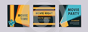 Movie time. Movie night. Movie Party. Cinema poster template. Templates for banners, social media post ads, cards and posters