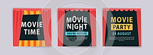 Movie time. Movie night. Movie Party. Cinema poster template. Templates for banners, social media post ads, cards and posters