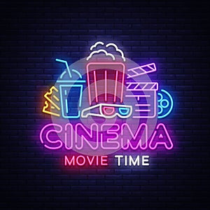 Movie Time Neon Logo Vector. Cinema Night neon sign, design template, modern trend design, night neon signboard, night