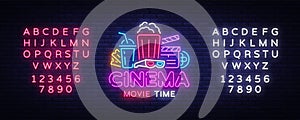 Movie Time Neon Logo Vector. Cinema Night neon sign, design template, modern trend design, night neon signboard, night