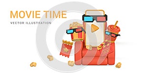 Movie time poster. Banner with phone, bucket of popcorn, armchair, ticket, 3d glasses and paper cup. Vector illustration