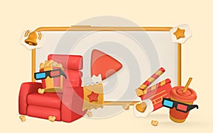 Movie time poster. Banner with phone, clapperboard, bucket of popcorn, armchair, ticket, 3d glasses and paper cup. Vector