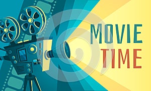 Movie time poster. Vintage cinema film projector, home movie theater and retro camera vector illustration