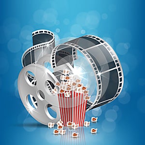 Movie time vector illustration. Cinema poster concept on blue round background. Composition with popcorn, clapperboard, 3d glasses