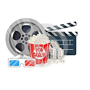 Movie time vector illustration. Cinema poster concept on red round background. Cinema banner design for movie theater.