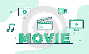 movie typography word art background of icon music video clapper board camera editing with outline style