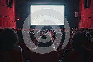 Moviegoers watching film in red lit cinema