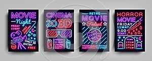 Movies 3d collection posters design templates in neon style. Set neon sign, light banner, bright flyer, design