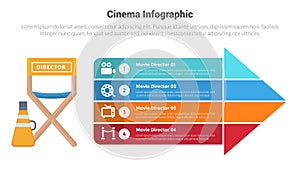 movies or cinema infographics template diagram with director chair and loudspeaker with 4 point step creative design for slide