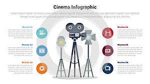 movies or cinema infographics template diagram with old camera and lightning set tripod with 6 point step creative design for