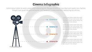 movies or cinema infographics template diagram with old vintage camera with 4 point step creative design for slide presentation