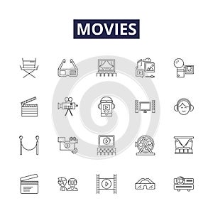 Movies line vector icons and signs. Cinemas, Movies, Blockbusters, Slates, Flicks, Features, Reels, Animations outline photo