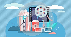 Movies vector illustration. Flat tiny film theater symbols persons concept.