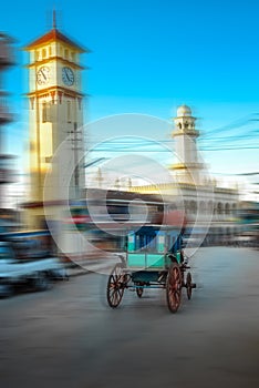 Moving blur scenery of old fashion horse-drawn carriage, Pyin Oo Lwin town,