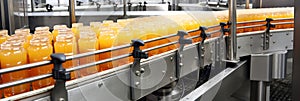 Moving bottles of orange juice on the conveyor belt of a beverage factory.