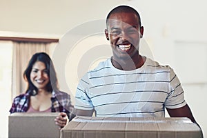 Moving, box or portrait of happy couple in dream home for property, sale or invest success. Real estate, mortgage or